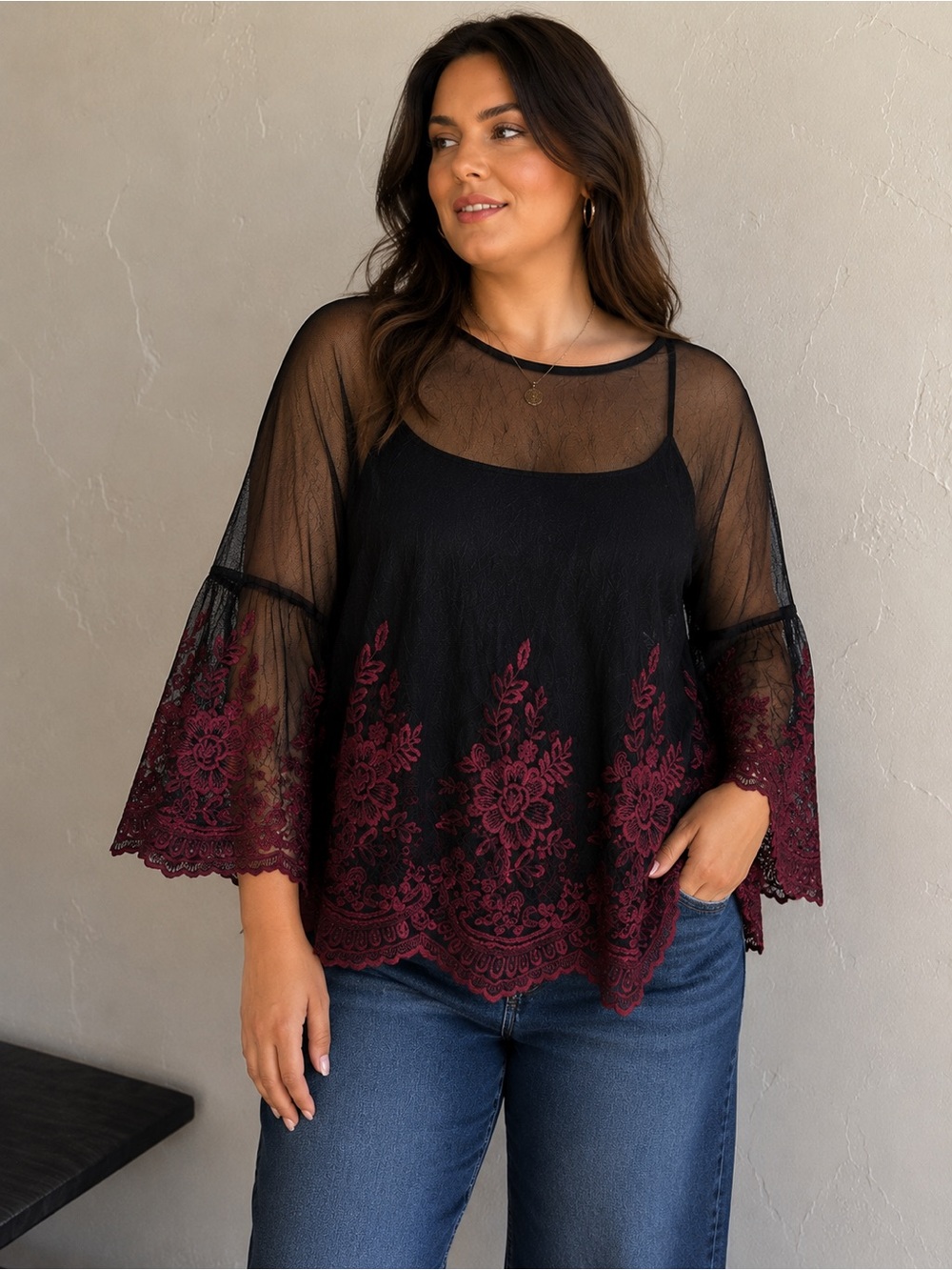 Black Sheer Mesh Embroidered Floral Bell Sleeve Boho Whimsigoth Goth Romantic 1X